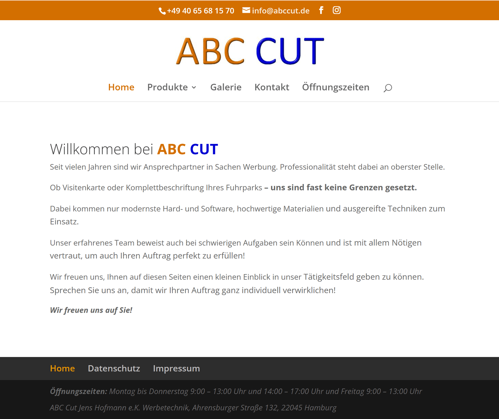 ABCcut Startseite mit Unternehmensvorstellung und Hauptnavigation