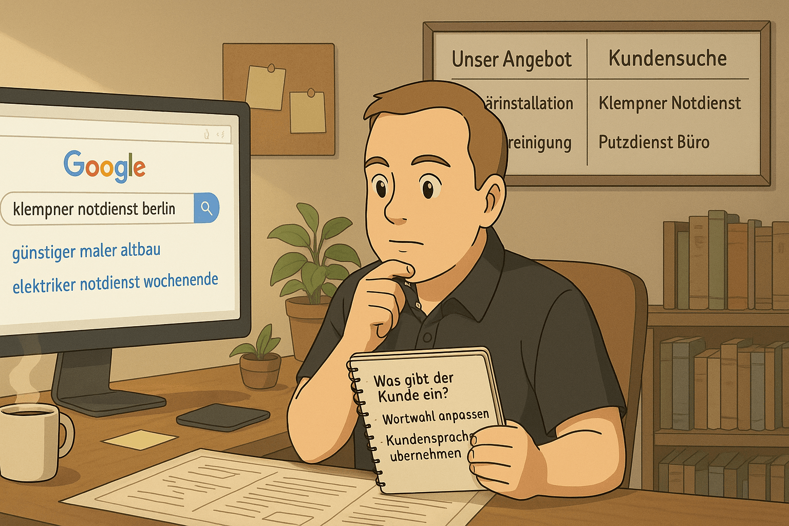 Illustration: Denkender Mann vor PC mit Google-Suche „Klempner Notdienst“, Notizblock in der Hand und Wandtafel „Unser Angebot vs. Kundensuche“.