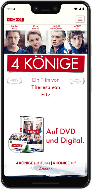 Smartphone zeigt Website des Films '4 Könige' mit Filmtitel, vier Hauptdarstellerportraits, Regisseurin Theresa von Eltz und DVD/Digital-Verfügbarkeit